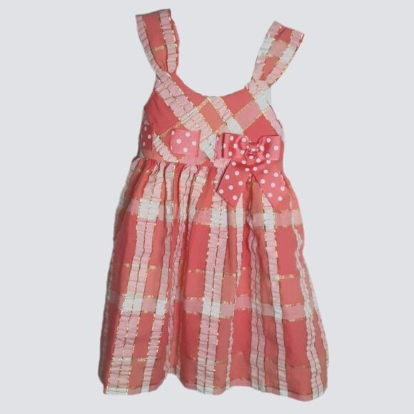 BONNIE JEAN Dress Sleeveless Plaid Polka Dot Sash Bow Pink Peach Size 5 - Picture 1 of 3